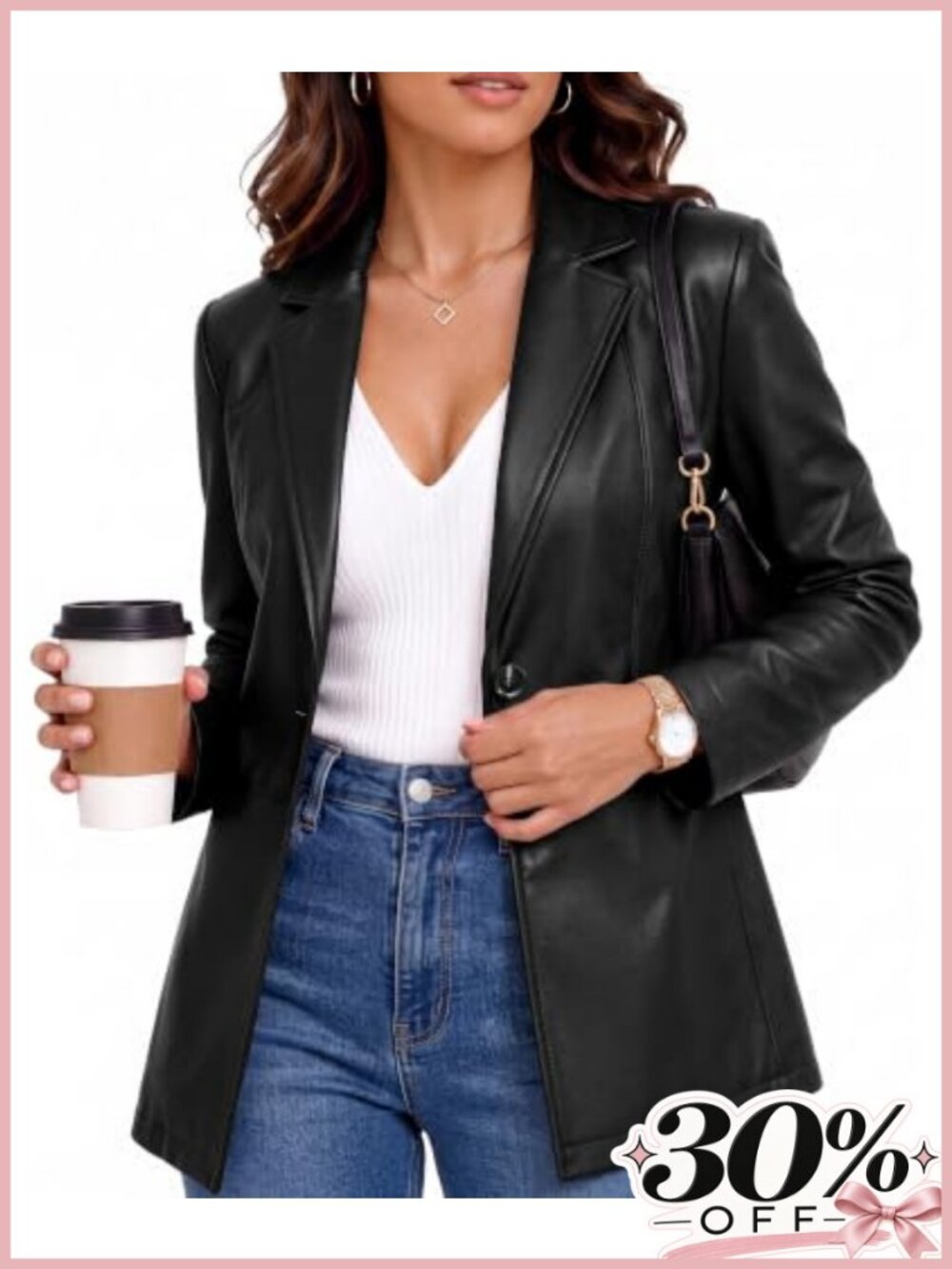 Women's Faux Leather Slim Fit Blazer Jacket Notch Collar Business Casual